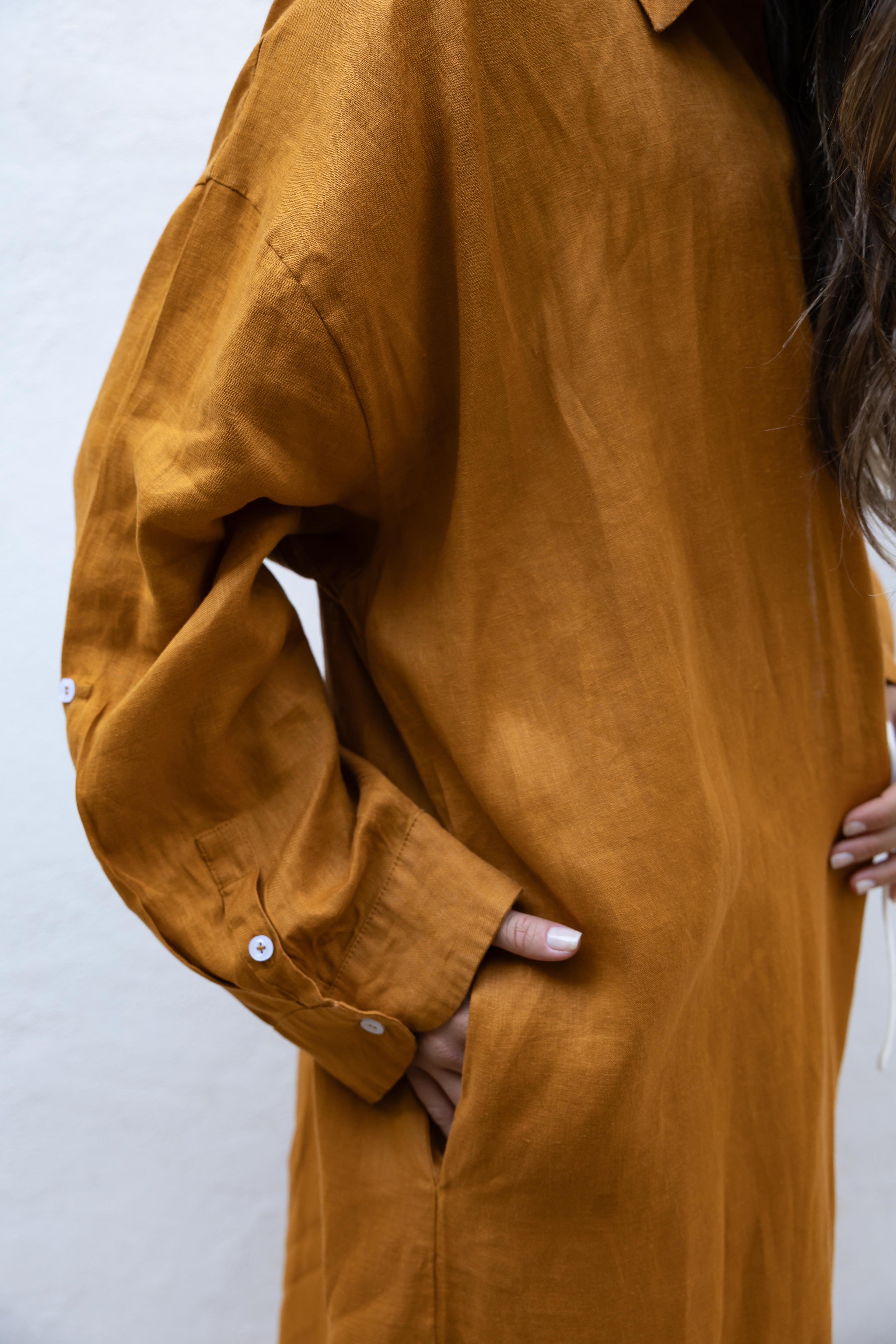 The Signature Shirt Dress in (camel)